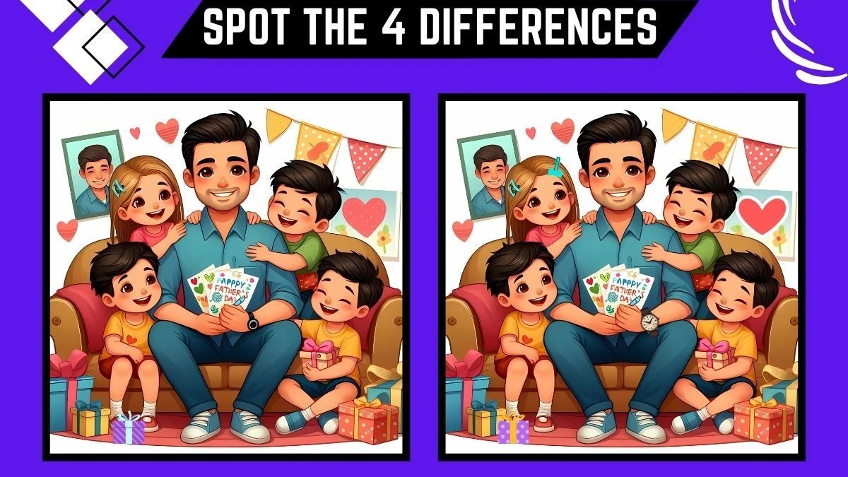 Spot the Difference Game: Only Genius can spot the 4 Differences in this Dad and his Children's Image in 14 Secs