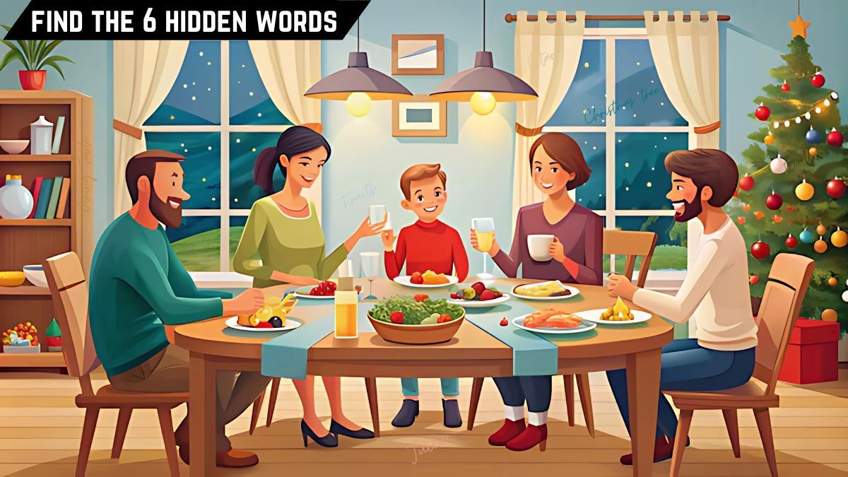 Picture Puzzle IQ Test: Only 5 out of 10 can spot the 6 Hidden Words in this Family Dinner Image in 15 Secs