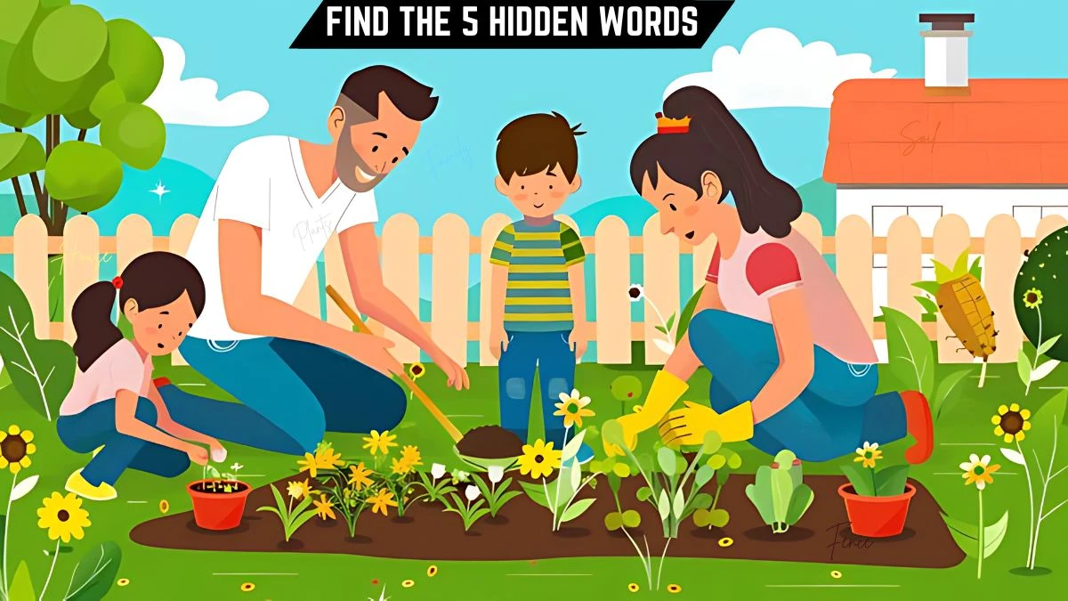 Picture Puzzle IQ Test: Only detective minds can spot the 5 Hidden Words in this Family Gardening Image in 10 Secs