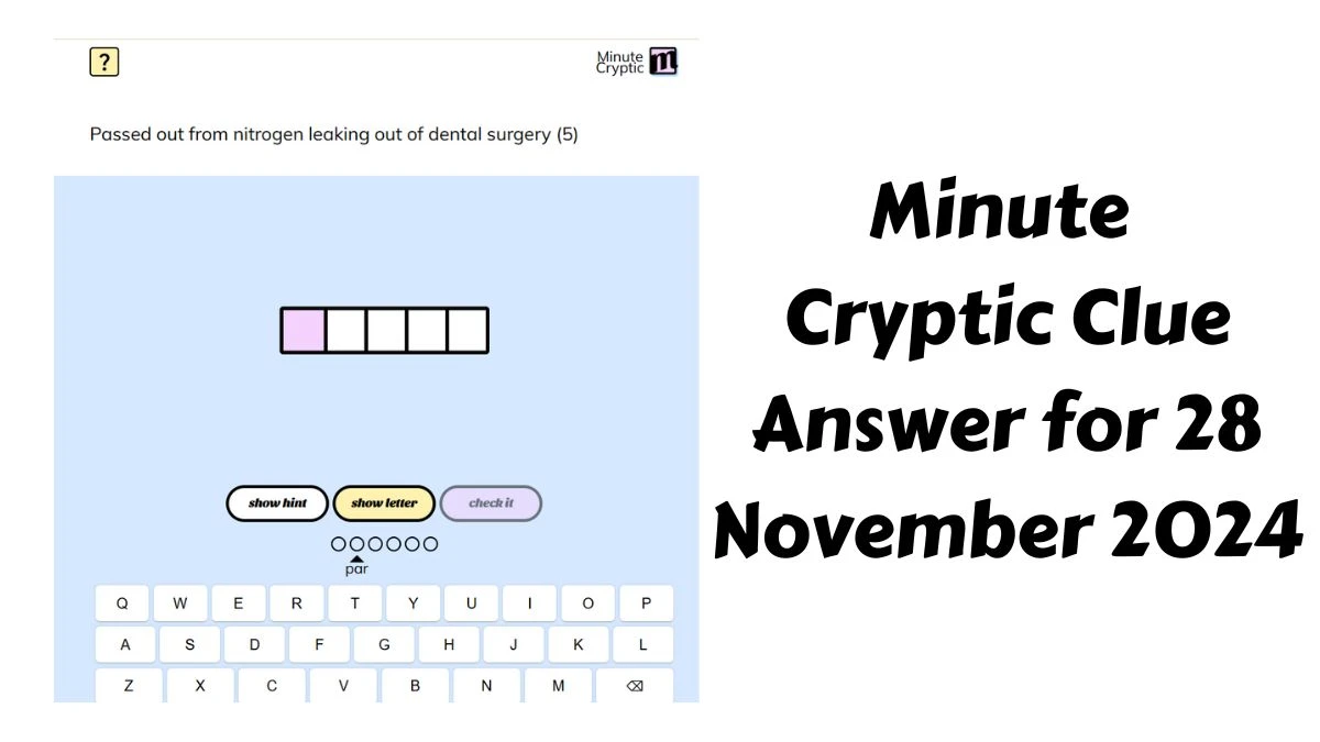 Passed out from nitrogen leaking out of dental surgery (5) Crossword Clue Minute Cryptic Clue Answer for 28 November 2024