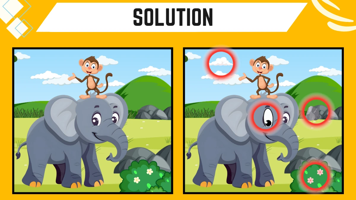 Spot the 4 Differences Picture Puzzle Game: Only Extra Sharp Eyes Can Spot the 4 Differences in this Elephant and Monkey Image in 12 Secs Spot the 4 Differences Picture Puzzle Game: Only Extra Sharp Eyes Can Spot the 4 Differences in this Elephant and Monkey Image in 12 Secs