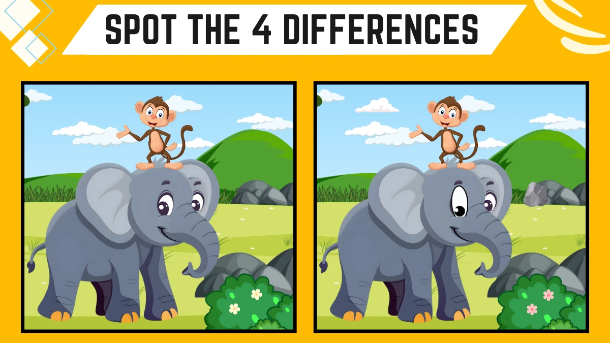 Spot the 4 Differences Picture Puzzle Game: Only Extra Sharp Eyes Can Spot the 4 Differences in this Elephant and Monkey Image in 12 Secs Spot the 4 Differences Picture Puzzle Game: Only Extra Sharp Eyes Can Spot the 4 Differences in this Elephant and Monkey Image in 12 Secs